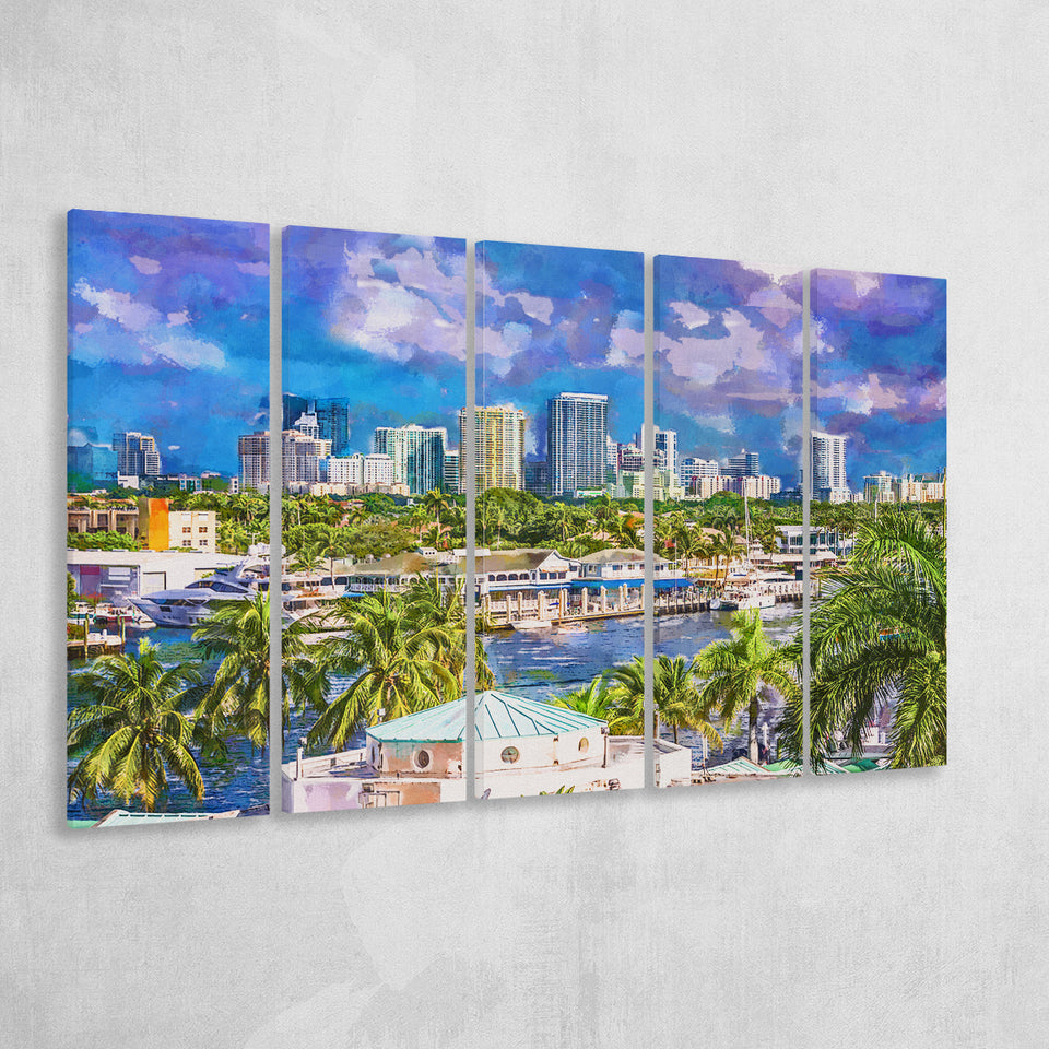 Fort Lauderdale Florida Usa Skyline 5 Pieces Extra Large Canvas Prints Wall Art Home Decor