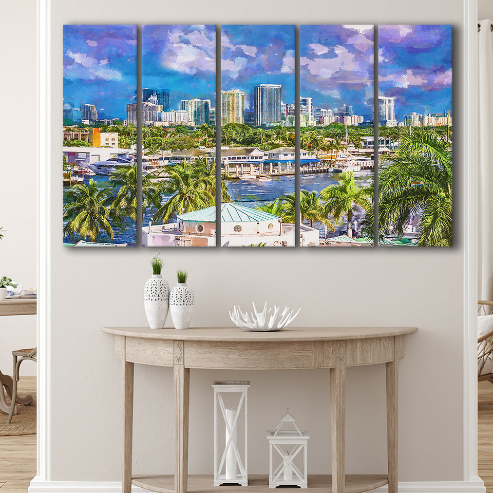 Fort Lauderdale Florida Usa Skyline 5 Pieces Extra Large Canvas Prints Wall Art Home Decor