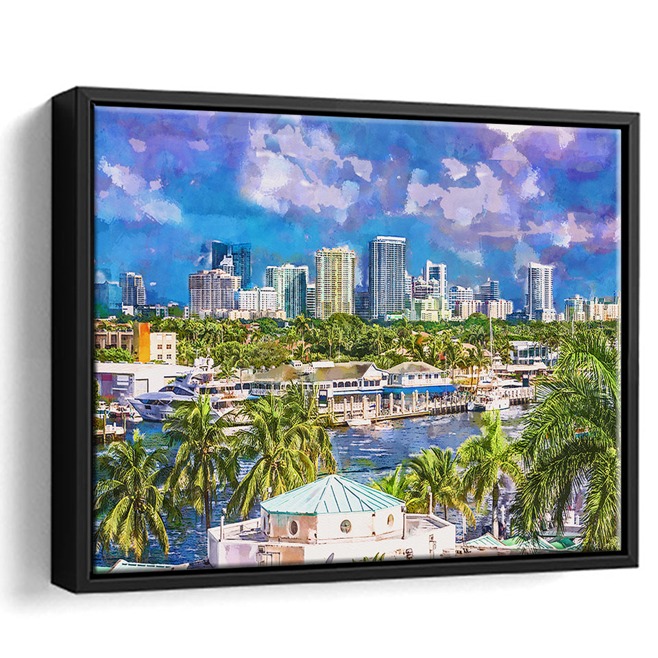 Fort Lauderdale Florida Usa Skyline City Art Watercolor Framed Canvas Prints Wall Art Home Decor,Floating Frame