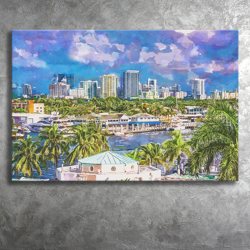 Fort Lauderdale Florida Usa Skyline City Art Watercolor Canvas Prints Wall Art Home Decor, Large Canvas