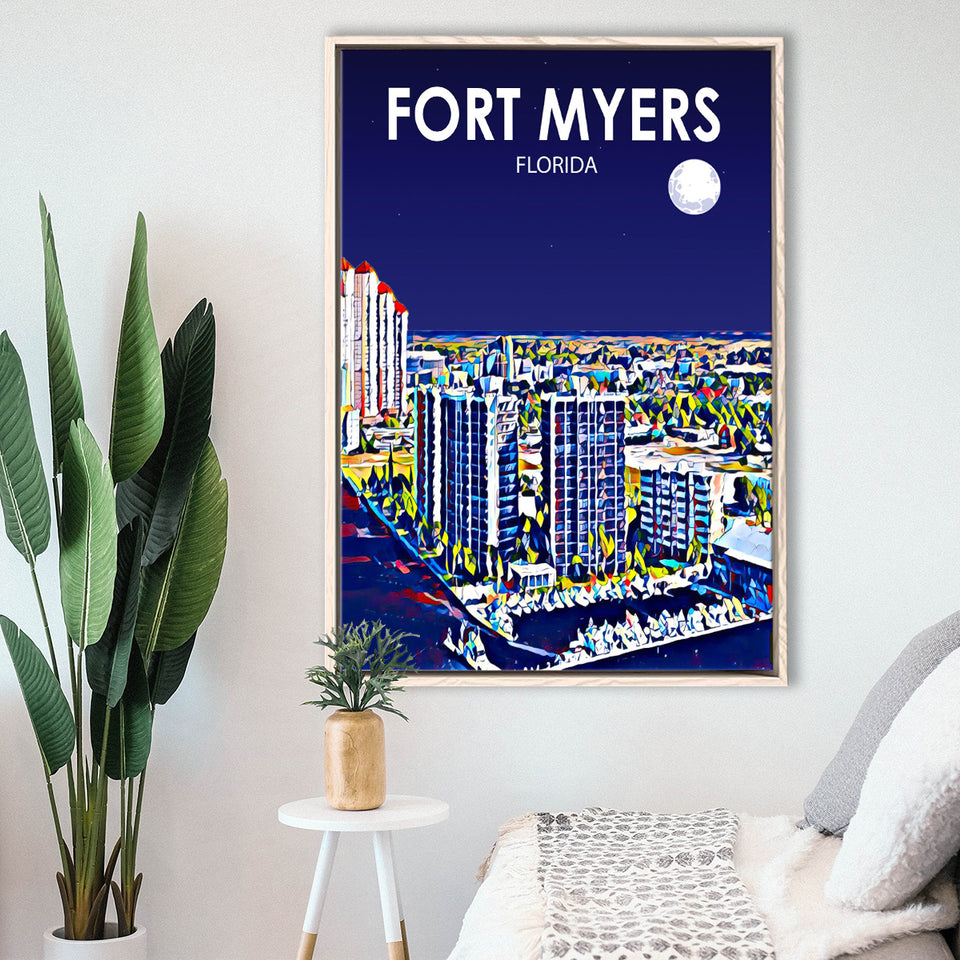 Fort Myers Florida Art Night Landscape, Large Canvas, Framed Canvas Print Wall Art Home Decor, Floating Frame