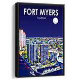 Fort Myers Florida Art Night Landscape, Large Canvas, Framed Canvas Print Wall Art Home Decor, Floating Frame