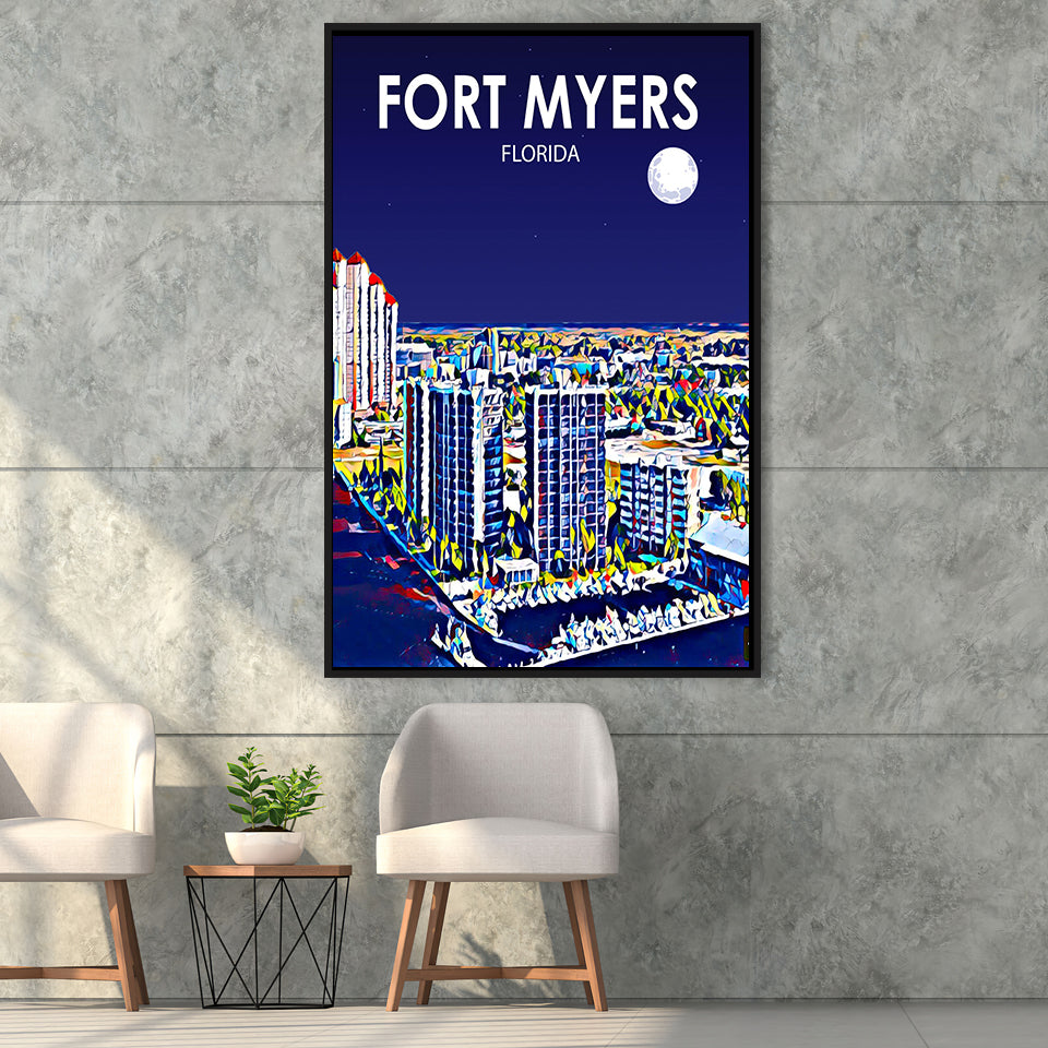 Fort Myers Florida Art Night Landscape, Large Canvas, Framed Canvas Print Wall Art Home Decor, Floating Frame