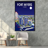 Fort Myers Florida Art Night Landscape, Large Canvas, Framed Canvas Print Wall Art Home Decor, Floating Frame