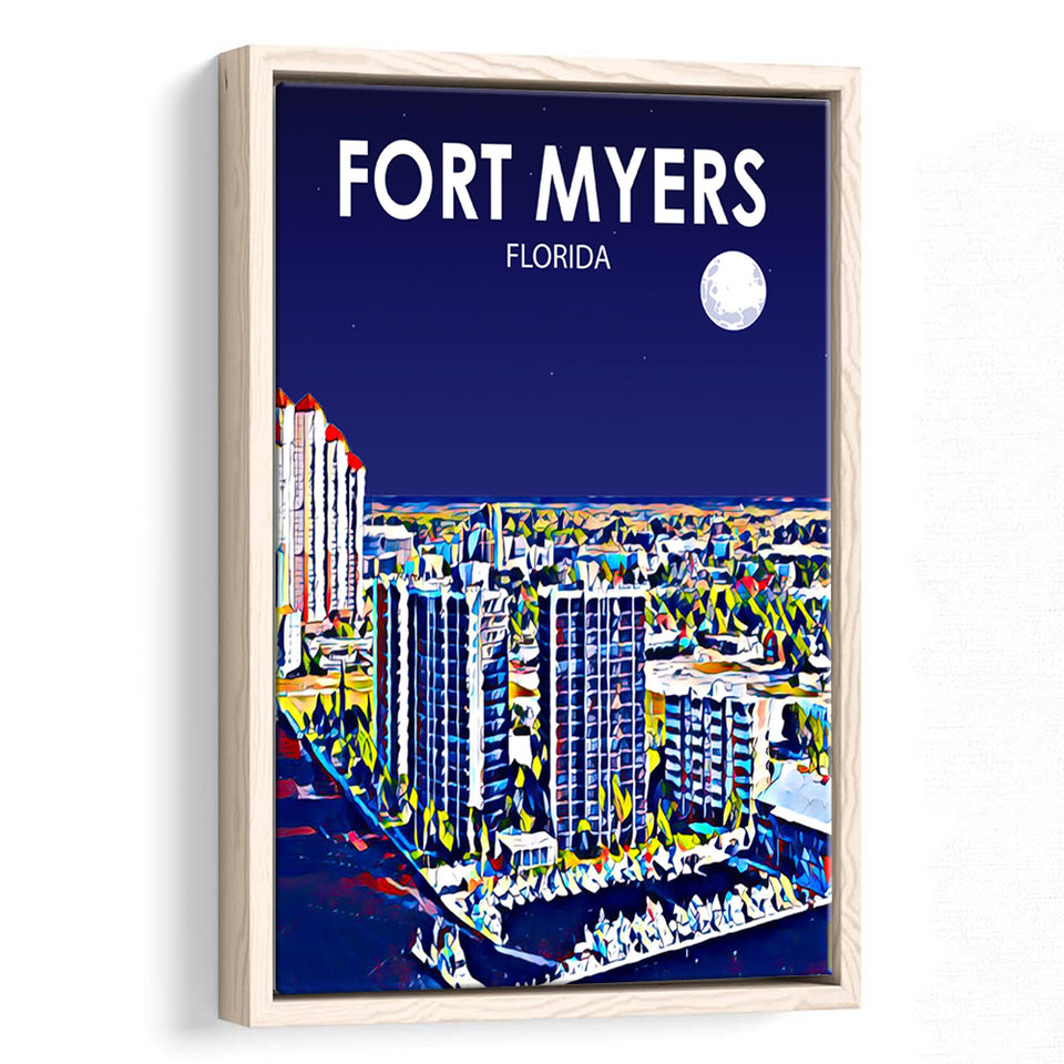 Fort Myers Florida Art Night Landscape, Large Canvas, Framed Canvas Print Wall Art Home Decor, Floating Frame
