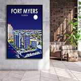 Fort Myers Florida Art Night Landscape, Large Canvas, Framed Canvas Print Wall Art Home Decor, Floating Frame
