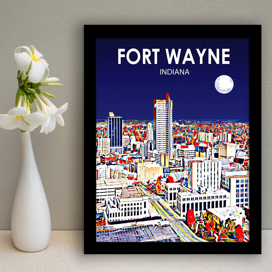 Fort Wayne Indiana Night Landscape, City Art Print, Framed Art Print Wall Art Home Decor, Framed Picture
