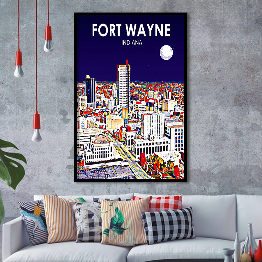 Fort Wayne Indiana Night Landscape, City Art Print, Framed Art Print Wall Art Home Decor, Framed Picture