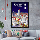 Fort Wayne Indiana Night Landscape, City Art Print, Framed Art Print Wall Art Home Decor, Framed Picture