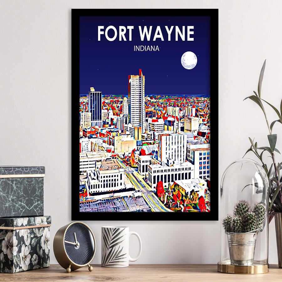 Fort Wayne Indiana Night Landscape, City Art Print, Framed Art Print Wall Art Home Decor, Framed Picture