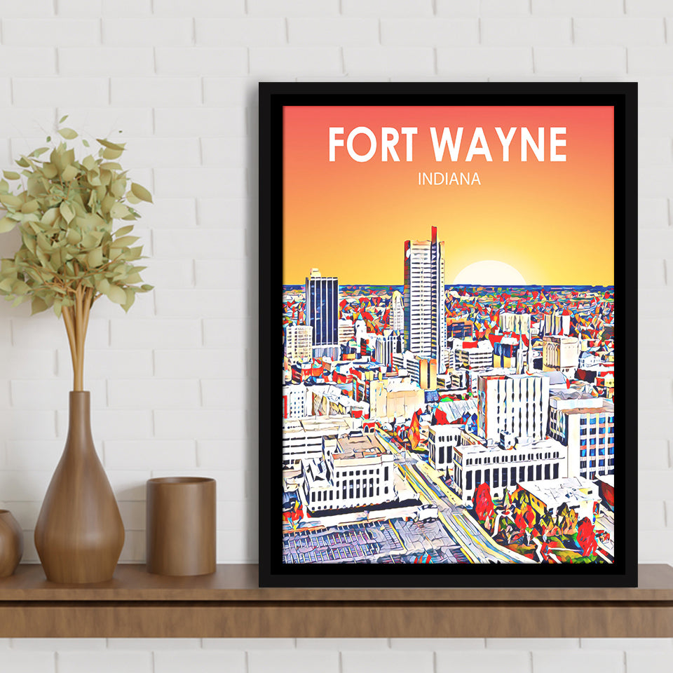 Fort Wayne Indiana Sunset Landscape, Large Canvas, Framed Canvas Print Wall Art Home Decor, Floating Frame