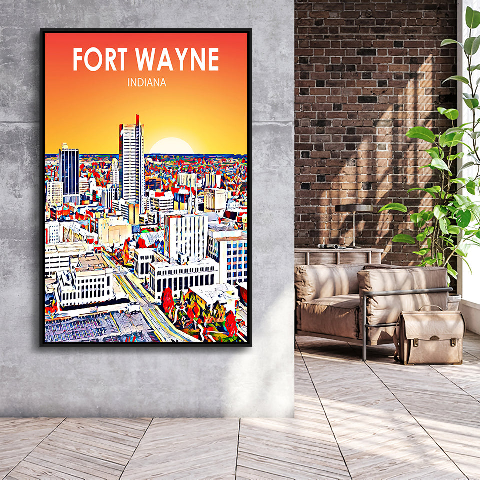Fort Wayne Indiana Sunset Landscape, Large Canvas, Framed Canvas Print Wall Art Home Decor, Floating Frame