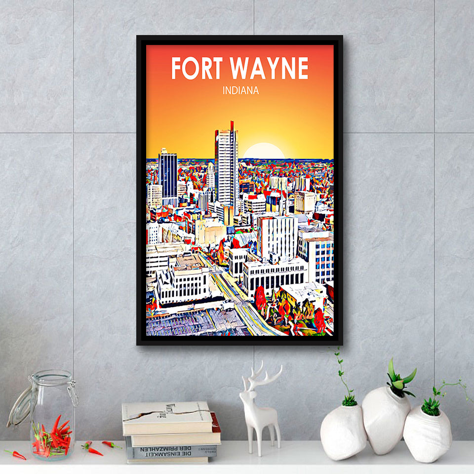 Fort Wayne Indiana Sunset Landscape, Large Canvas, Framed Canvas Print Wall Art Home Decor, Floating Frame