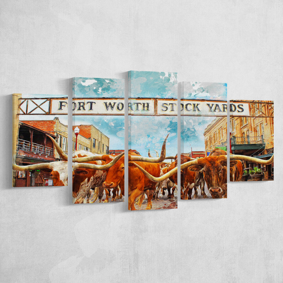 Fort Worth Stockyards 5 Pieces Canvas Prints Wall Art Decor - Painting Canvas, Mixed Canvas, Multi Panels