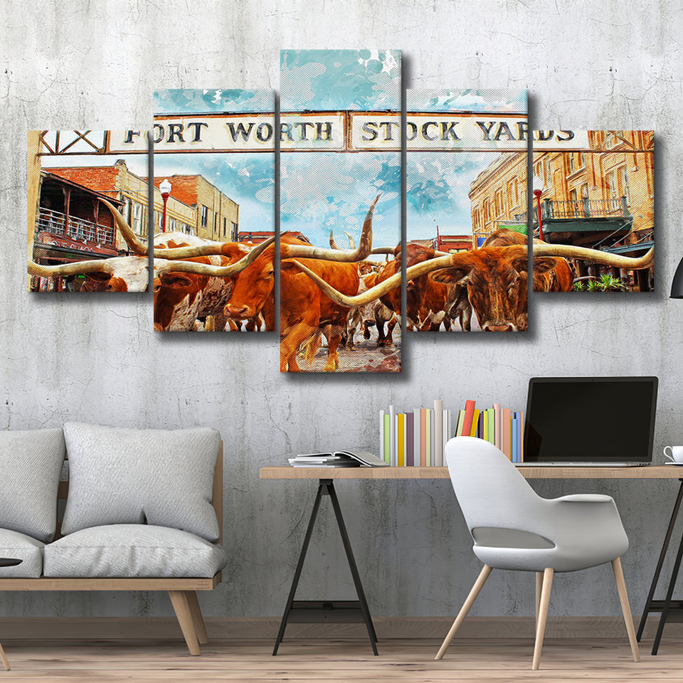 Fort Worth Stockyards 5 Pieces Canvas Prints Wall Art Decor - Painting Canvas, Mixed Canvas, Multi Panels