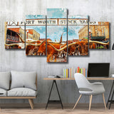 Fort Worth Stockyards 5 Pieces Canvas Prints Wall Art Decor - Painting Canvas, Mixed Canvas, Multi Panels