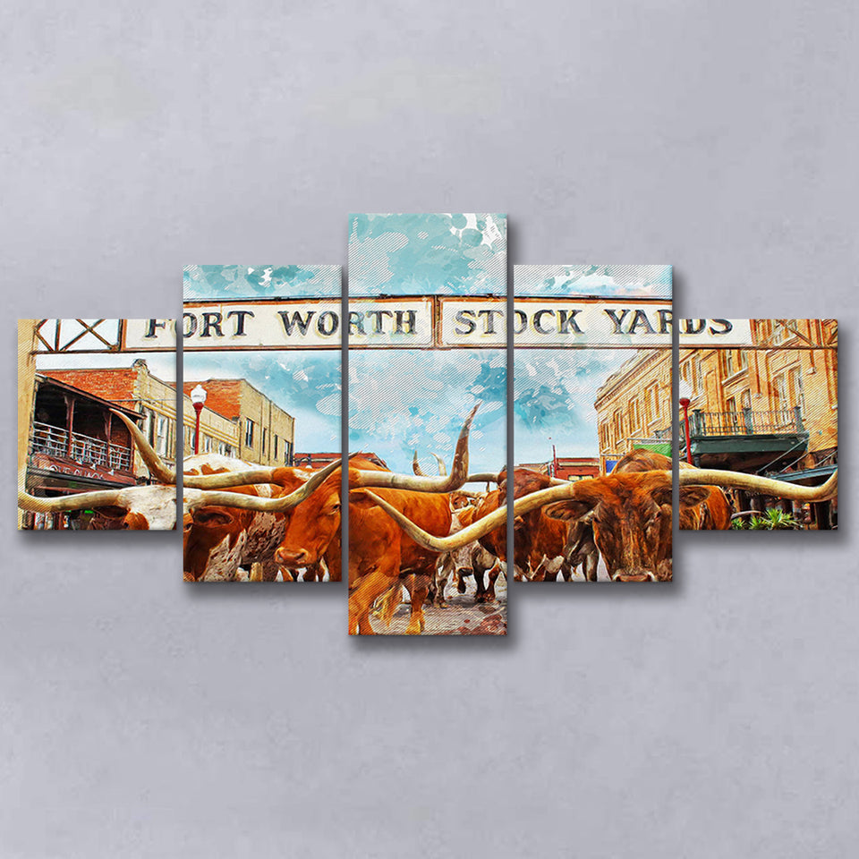 Fort Worth Stockyards 5 Pieces Canvas Prints Wall Art Decor - Painting Canvas, Mixed Canvas, Multi Panels