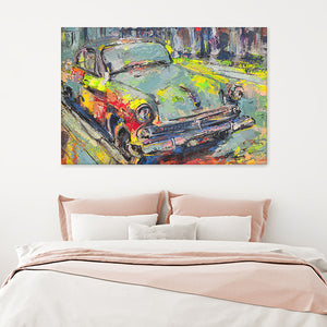 A Retro Car Is Parked On The Road Near The Sidewalk Canvas Wall Art - Canvas Prints, Prints For Sale, Painting Canvas,Canvas On Sale