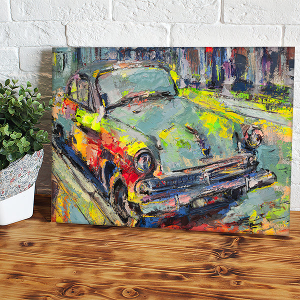 A Retro Car Is Parked On The Road Near The Sidewalk Canvas Wall Art - Canvas Prints, Prints For Sale, Painting Canvas,Canvas On Sale