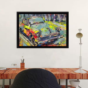 A Retro Car Is Parked On The Road Near The Sidewalk Canvas Wall Art - Canvas Print, Framed Canvas, Painting Canvas