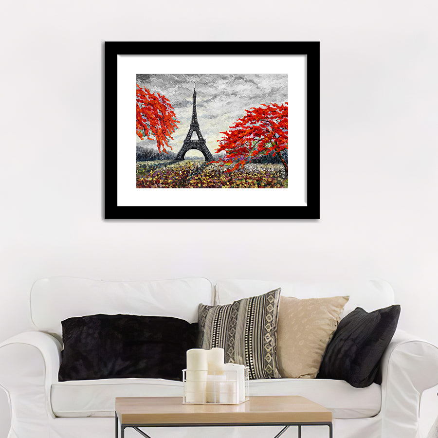 France Eiffel Tower And Flower Red Color In Garden Framed Wall Art - Framed Prints, Art Prints, Home Decor, Painting Prints