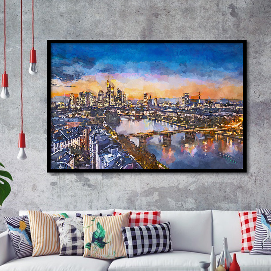 Frankfurt Germany Financial District Skyline City Art Watercolor Framed Art Prints Wall Art Decor,Framed Picture