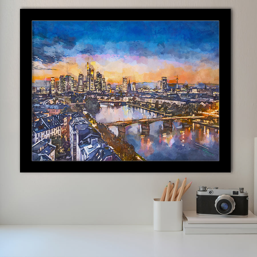 Frankfurt Germany Financial District Skyline City Art Watercolor Framed Art Prints Wall Art Decor,Framed Picture