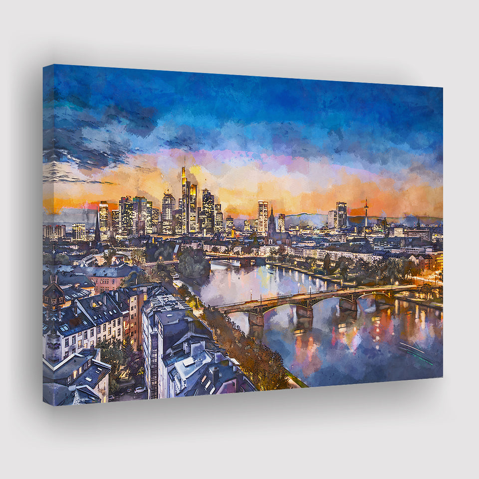 Frankfurt Germany Financial District Skyline City Art Watercolor Canvas Prints Wall Art Home Decor, Large Canvas