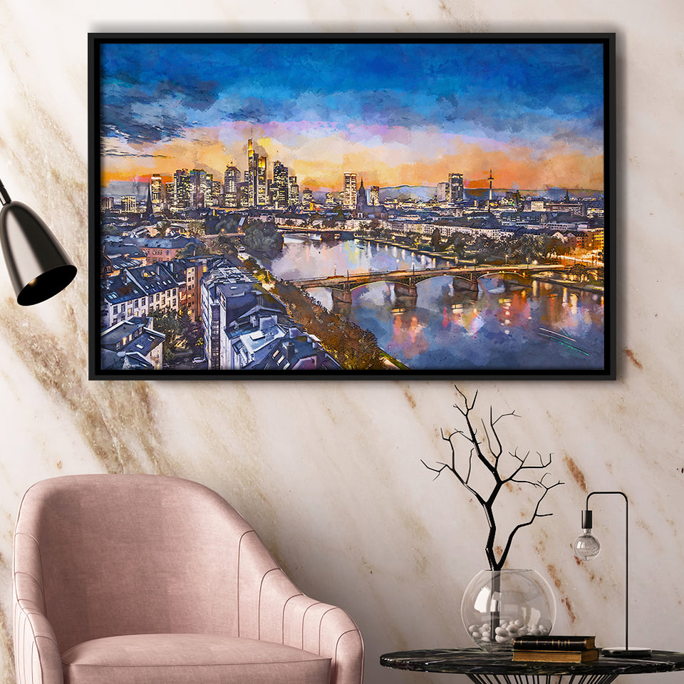 Frankfurt Germany Financial District Skyline City Art Watercolor Framed Canvas Prints Wall Art Home Decor,Floating Frame