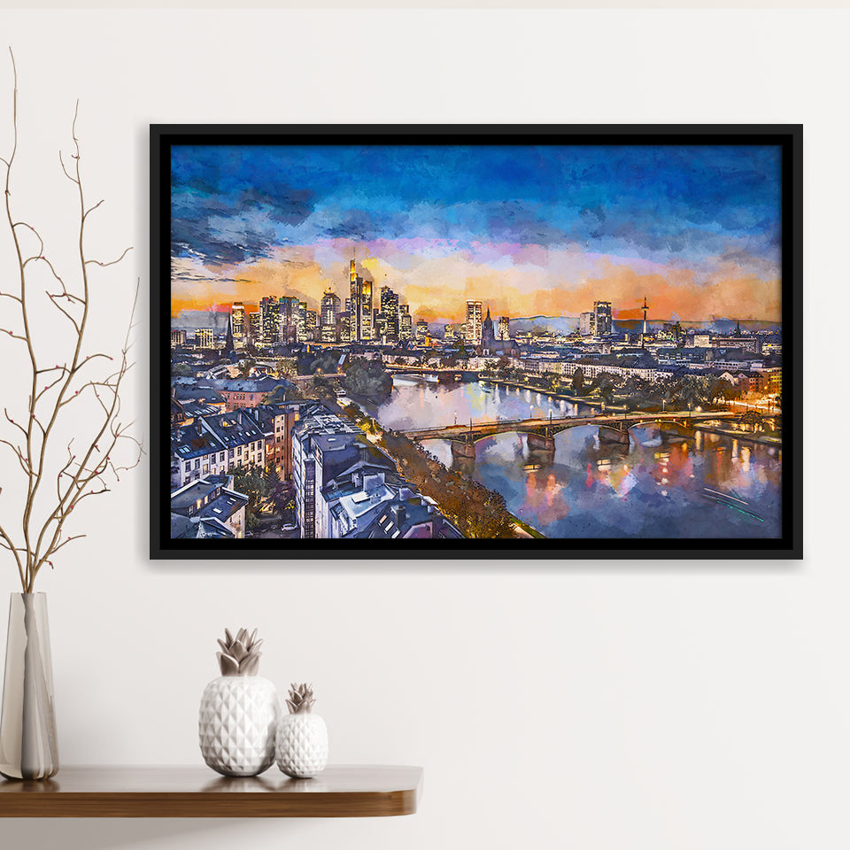 Frankfurt Germany Financial District Skyline City Art Watercolor Framed Canvas Prints Wall Art Home Decor,Floating Frame
