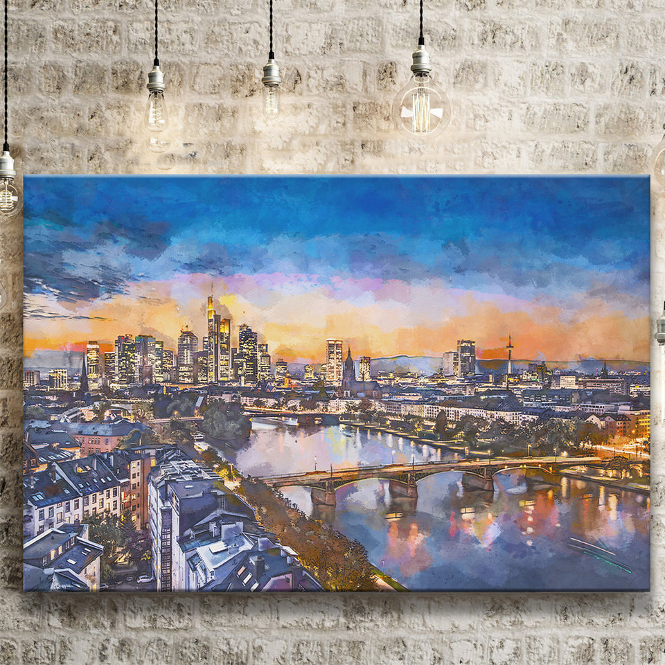 Frankfurt Germany Financial District Skyline City Art Watercolor Canvas Prints Wall Art Home Decor, Large Canvas