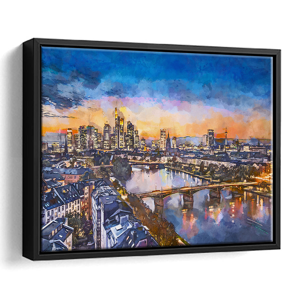 Frankfurt Germany Financial District Skyline City Art Watercolor Framed Canvas Prints Wall Art Home Decor,Floating Frame