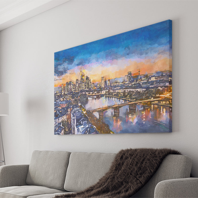 Frankfurt Germany Financial District Skyline City Art Watercolor Canvas Prints Wall Art Home Decor, Large Canvas