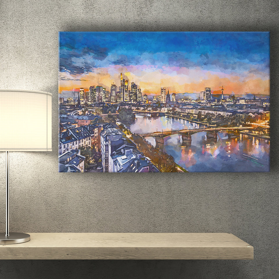 Frankfurt Germany Financial District Skyline City Art Watercolor Canvas Prints Wall Art Home Decor, Large Canvas