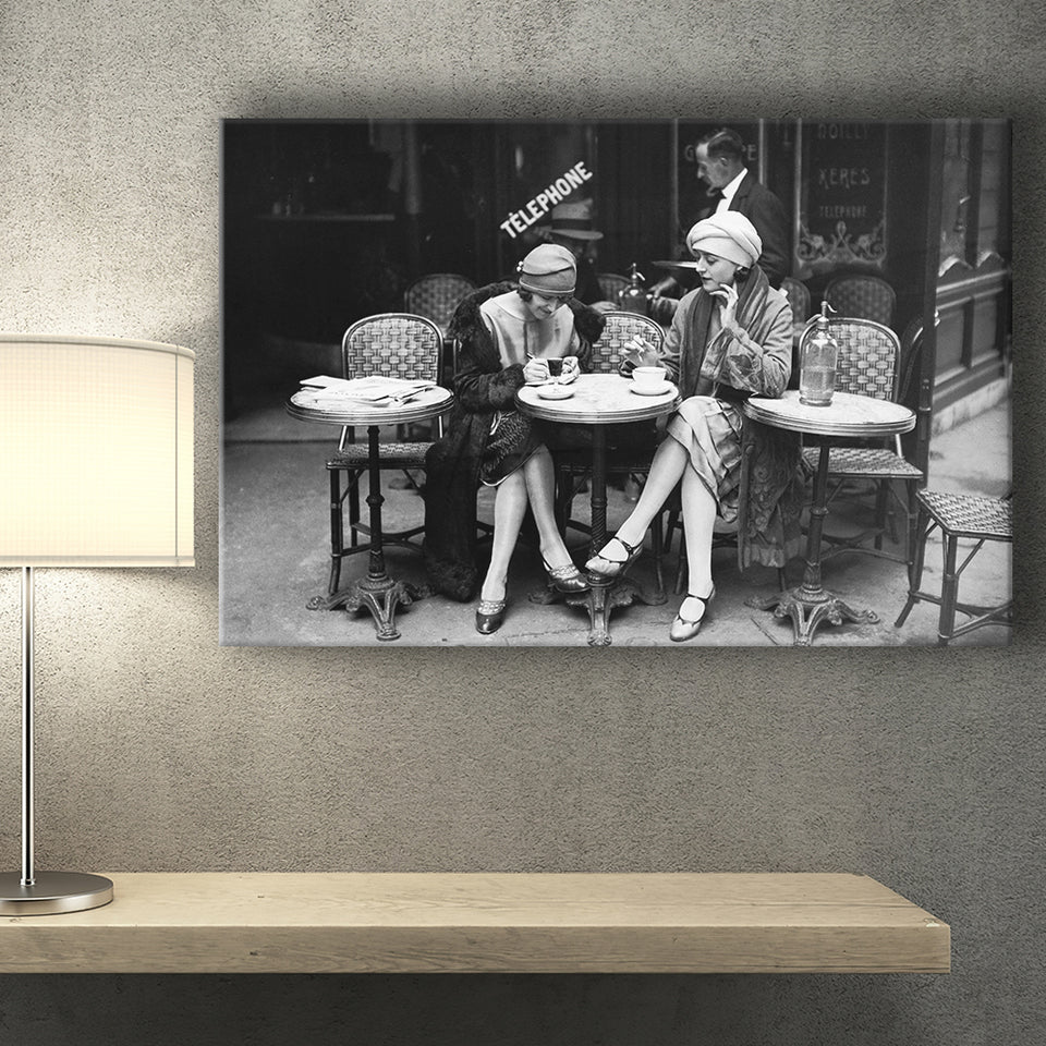 French Cafe Girls Black And White Print, 1920'S Flapper Girls Canvas Prints Wall Art Home Decor