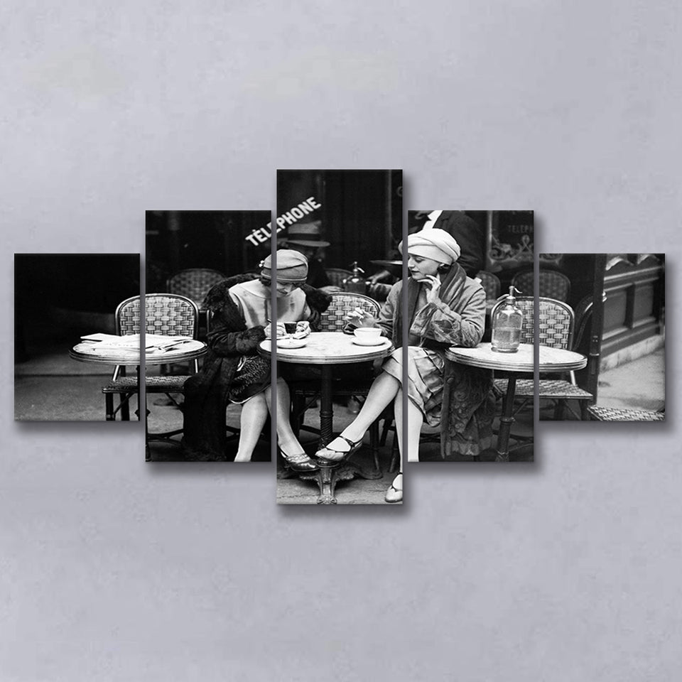 French Cafe Girls Black And White Print, 1920'S Flapper Girls 5 Panels, Canvas Prints Wall Art Decor, Large Canvas Art