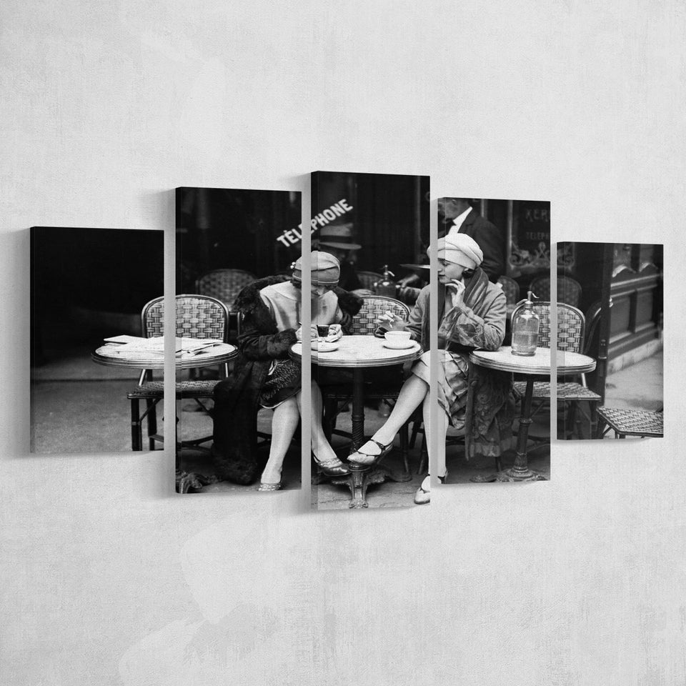 French Cafe Girls Black And White Print, 1920'S Flapper Girls 5 Panels, Canvas Prints Wall Art Decor, Large Canvas Art