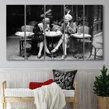 French Cafe Girls Black And White Print, 1920'S Flapper Girls Larger Canvas Art, 5 Piece Canvas Prints Wall Art Decor