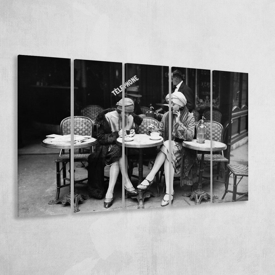 French Cafe Girls Black And White Print, 1920'S Flapper Girls Larger Canvas Art, 5 Piece Canvas Prints Wall Art Decor