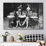 French Cafe Girls Black And White Print, 1920'S Flapper Girls Canvas Prints Wall Art Home Decor