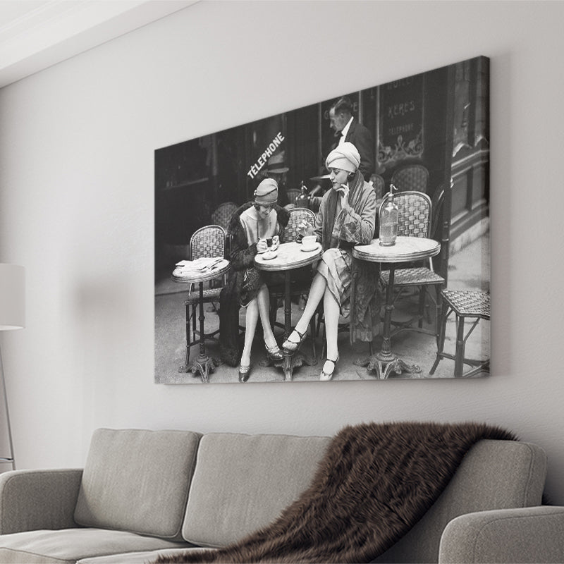 French Cafe Girls Black And White Print, 1920'S Flapper Girls Canvas Prints Wall Art Home Decor