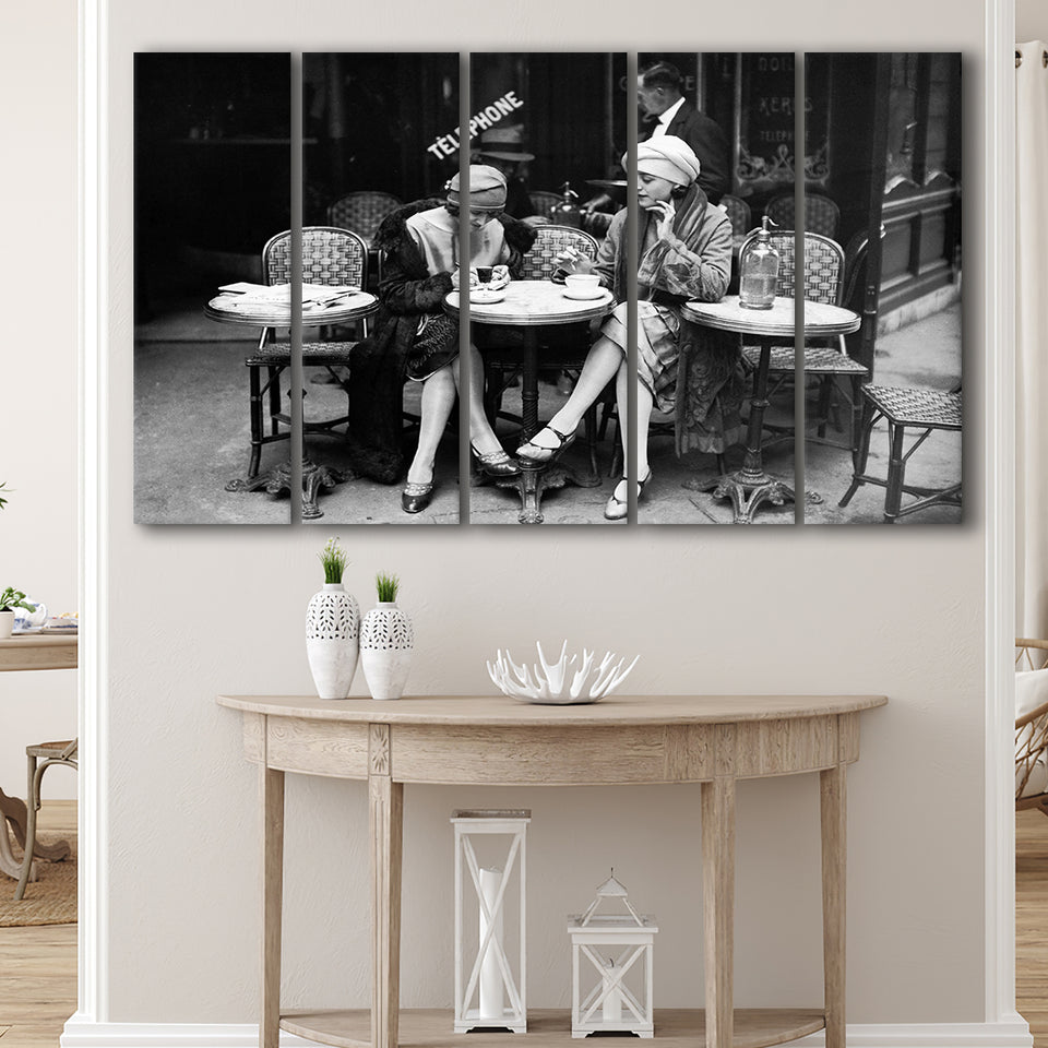 French Cafe Girls Black And White Print, 1920'S Flapper Girls Larger Canvas Art, 5 Piece Canvas Prints Wall Art Decor