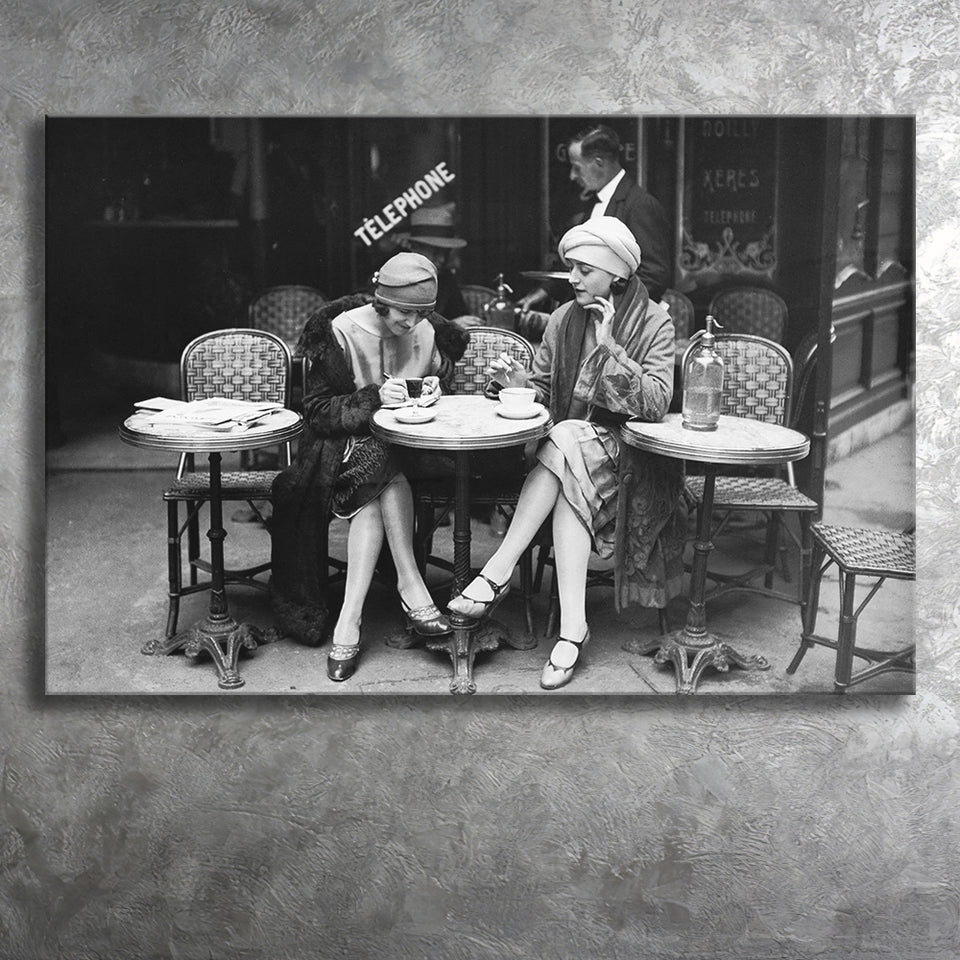 French Cafe Girls Black And White Print, 1920'S Flapper Girls Canvas Prints Wall Art Home Decor
