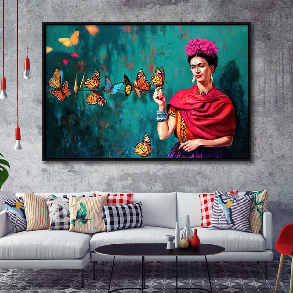 Frida Butterflies Poster Frida Kahlo Artwork Beautiful Woman Framed Canvas Prints Wall Art - Painting Prints, Wall Decor, Floating Frame