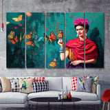 Frida Butterflies Poster Frida Kahlo Artwork Beautiful Woman 5 Piece Canvas Prints Wall Art - Painting Prints,Multi Panels