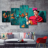 Frida Butterflies Poster Frida Kahlo Artwork Beautiful Woman 5 Piece Canvas Prints Wall Art - Painting Prints, Wall Decor,Multi Panel