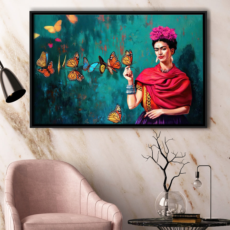 Frida Butterflies Poster Frida Kahlo Artwork Beautiful Woman Framed Canvas Prints Wall Art - Painting Prints, Wall Decor, Floating Frame