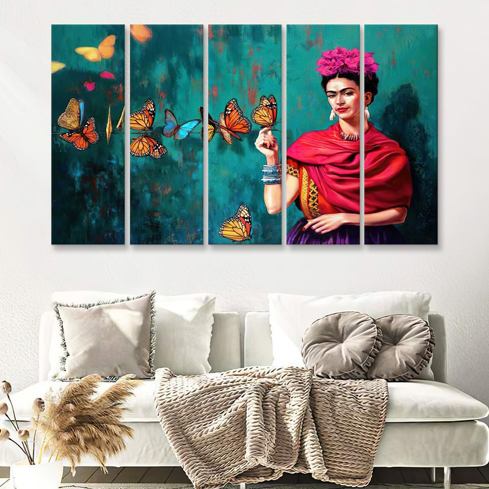 Frida Butterflies Poster Frida Kahlo Artwork Beautiful Woman 5 Piece Canvas Prints Wall Art - Painting Prints,Multi Panels