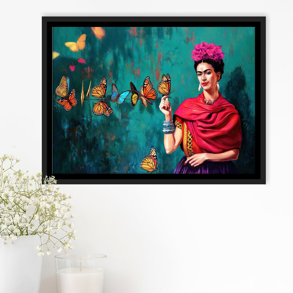 Frida Butterflies Poster Frida Kahlo Artwork Beautiful Woman Framed Canvas Prints Wall Art - Painting Prints, Wall Decor, Floating Frame