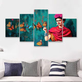 Frida Butterflies Poster Frida Kahlo Artwork Beautiful Woman 5 Piece Canvas Prints Wall Art - Painting Prints, Wall Decor,Multi Panel